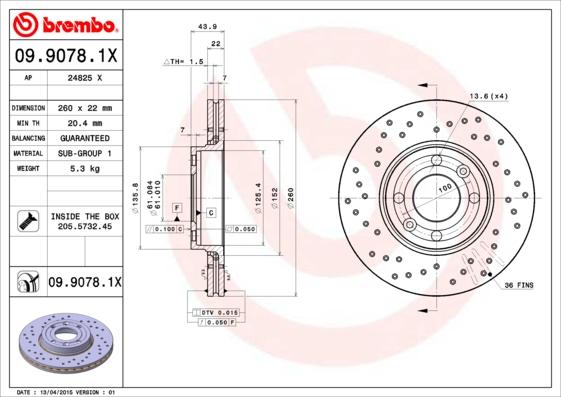 Brembo 09.9078.1X - Тормозной диск autosila-amz.com