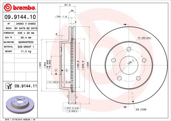 Brembo 09.9144.11 - Тормозной диск autosila-amz.com