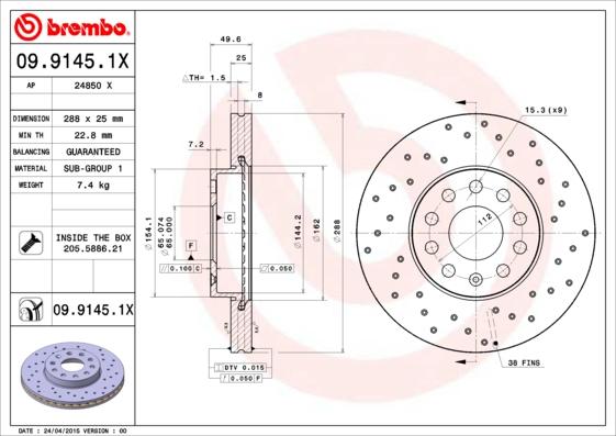 Brembo 09.9145.1X - Тормозной диск autosila-amz.com