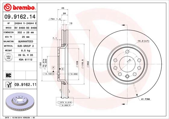 Brembo 09.9162.14 - Тормозной диск autosila-amz.com