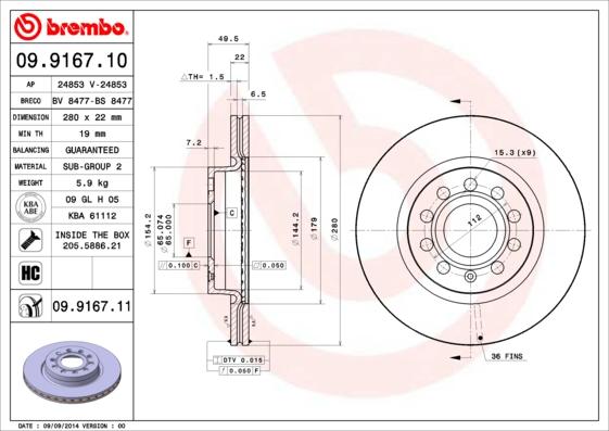 Brembo 09.9167.10 - Тормозной диск autosila-amz.com