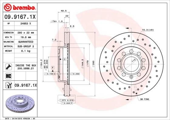 Brembo 09.9167.1X - Тормозной диск autosila-amz.com