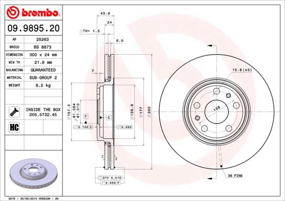Brembo 09.9895.20 - Тормозной диск autosila-amz.com