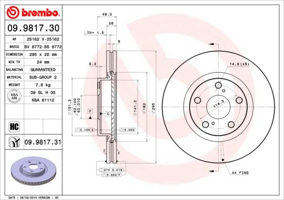 Brembo 09.9817.30 - Тормозной диск autosila-amz.com