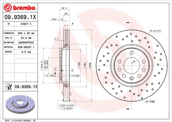 Brembo 09.9369.1X - Тормозной диск autosila-amz.com