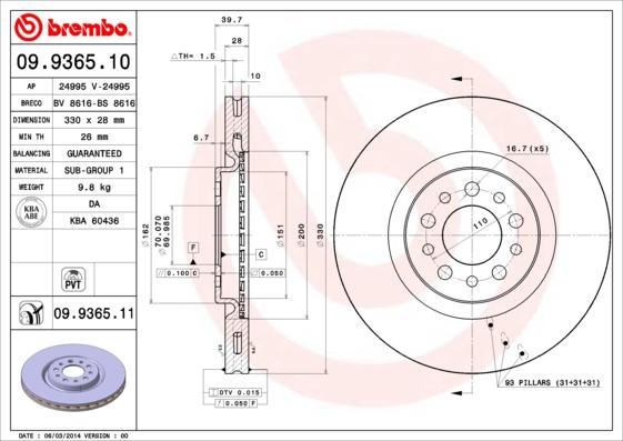 Brembo 09.9365.11 - Тормозной диск autosila-amz.com