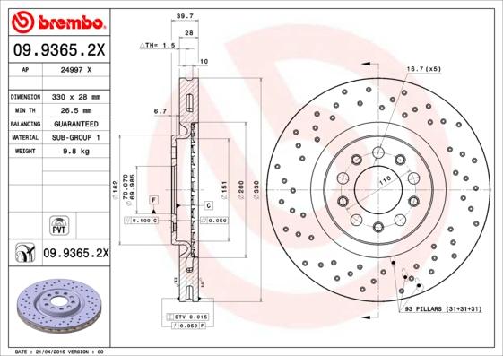Brembo 09.9365.2X - Тормозной диск autosila-amz.com