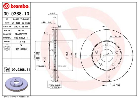 Brembo 09.9368.10 - Тормозной диск autosila-amz.com