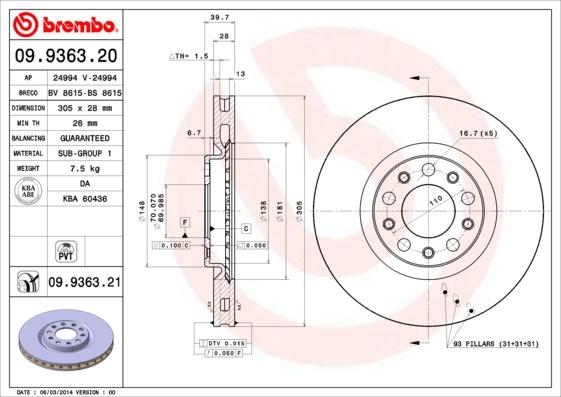 Brembo 09.9363.20 - Тормозной диск autosila-amz.com