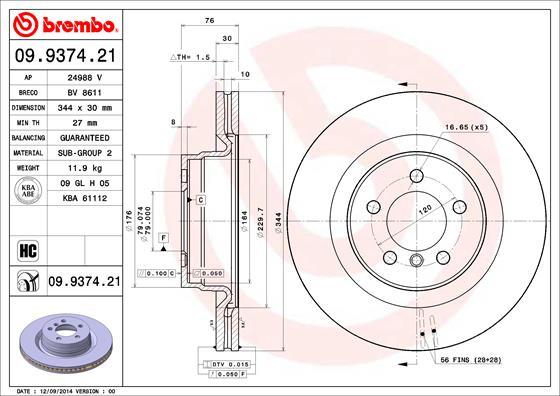 Brembo 09.9374.21 - Тормозной диск autosila-amz.com