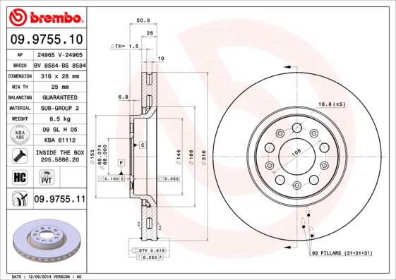 Brembo 09.9755.11 - Тормозной диск autosila-amz.com