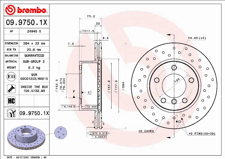 Brembo 09.9750.1X - Тормозной диск autosila-amz.com