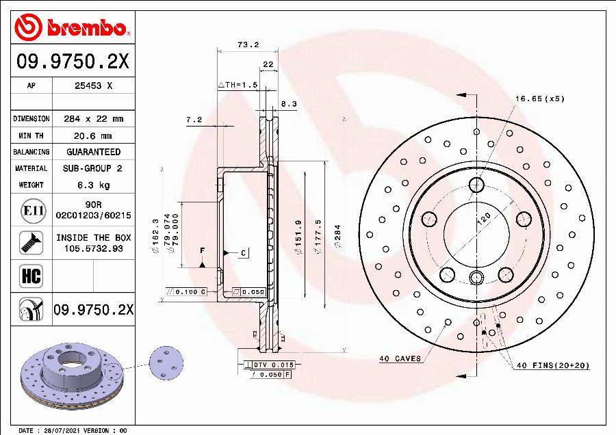 Brembo 09.9750.2X - Тормозной диск autosila-amz.com