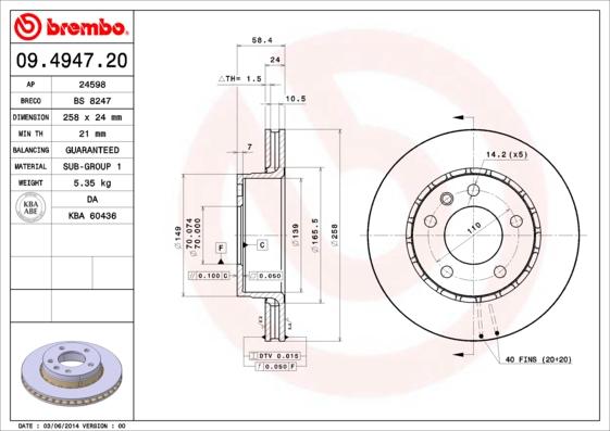 Brembo 09.4947.20 - Тормозной диск autosila-amz.com