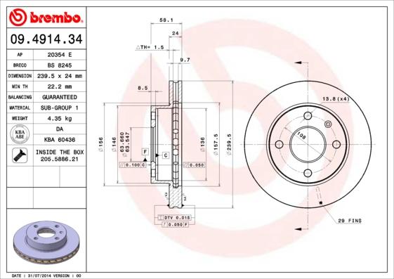 Brembo 09.4914.34 - Тормозной диск autosila-amz.com