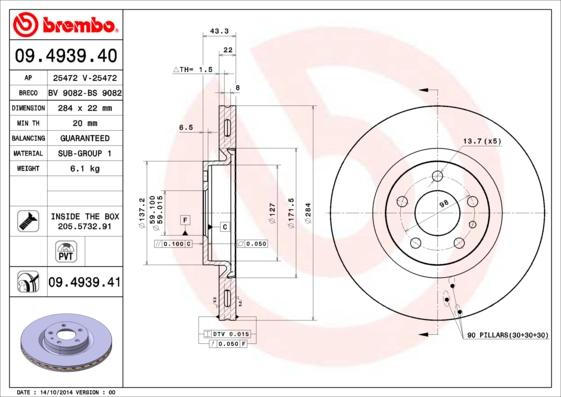 Brembo 09.4939.41 - Тормозной диск autosila-amz.com