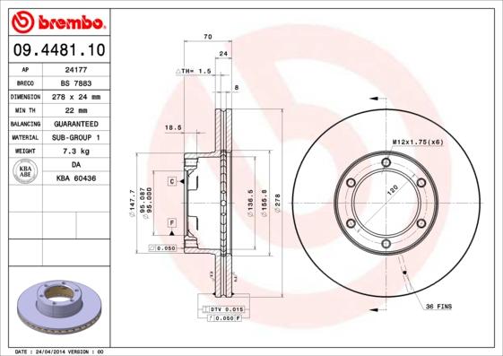 Brembo 09.4481.10 - Тормозной диск autosila-amz.com