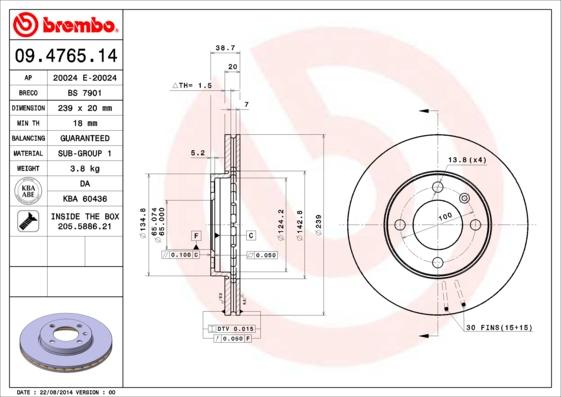 Brembo 09.4765.14 - Тормозной диск autosila-amz.com