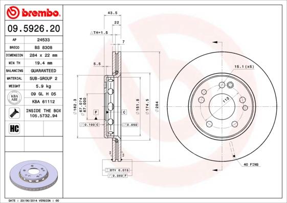 Brembo 09.5926.20 - Тормозной диск autosila-amz.com