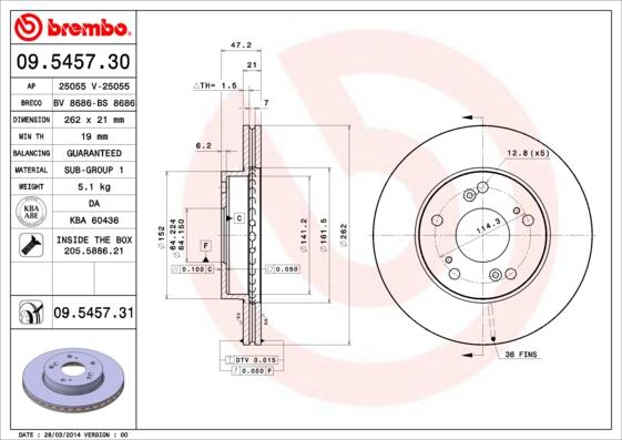 Brembo 09.5457.30 - Тормозной диск autosila-amz.com