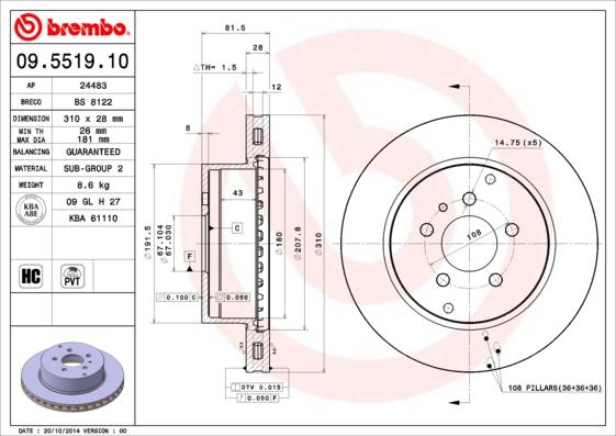 Brembo 09.5519.10 - Тормозной диск autosila-amz.com