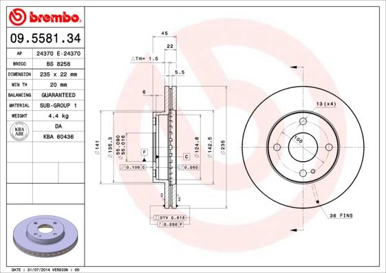 Brembo 09.5581.34 - Тормозной диск autosila-amz.com