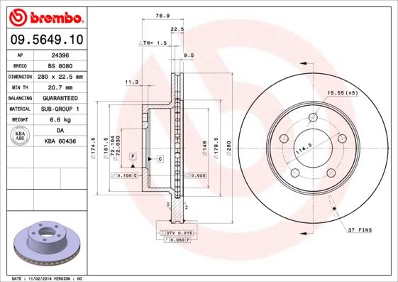 Brembo 09.5649.10 - Тормозной диск autosila-amz.com