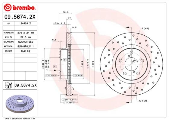 Brembo 09.5674.2X - Тормозной диск autosila-amz.com