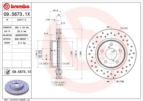 Brembo 09.5673.1X - Тормозной диск autosila-amz.com