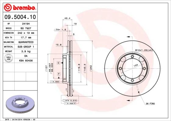 Brembo 09.5004.10 - Тормозной диск autosila-amz.com