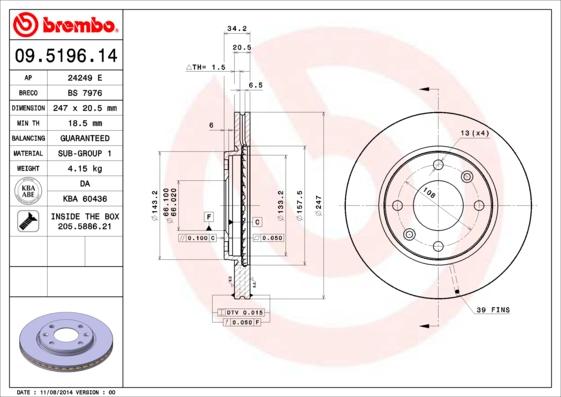 Brembo 09.5196.14 - Торм.диск передний (вент. с винтами) CITRO N Xsara 1.4i (97-8.00) (кол-во в уп. 2) (247X20.4X4) autosila-amz.com