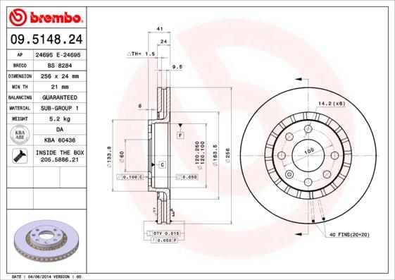 Brembo 09.5148.24 - Тормозной диск autosila-amz.com