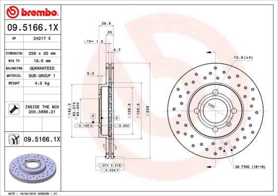 Brembo 09.5166.1X - Тормозной диск autosila-amz.com