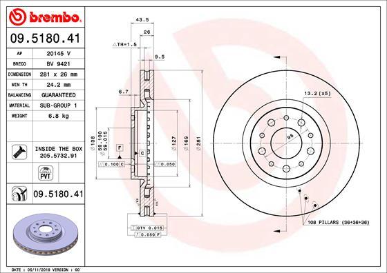 Brembo 09.5180.41 - Тормозной диск autosila-amz.com