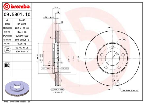 Brembo 09.5801.10 - Тормозной диск autosila-amz.com