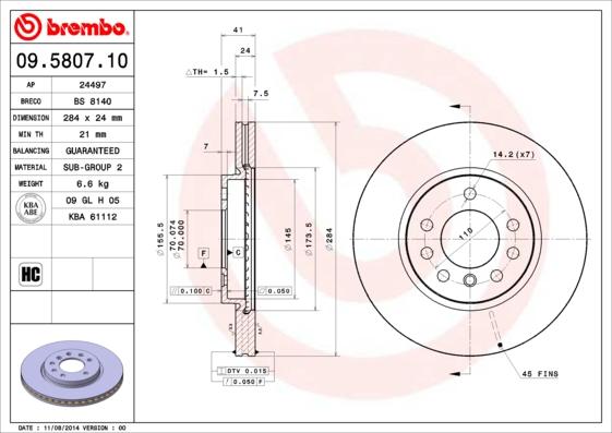 Brembo 09.5807.10 - Тормозной диск autosila-amz.com
