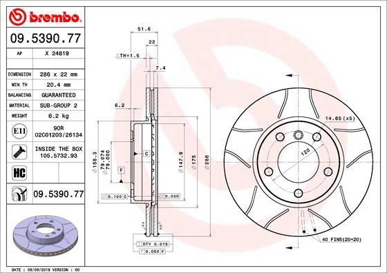 Brembo 09.5390.77 - Тормозной диск autosila-amz.com