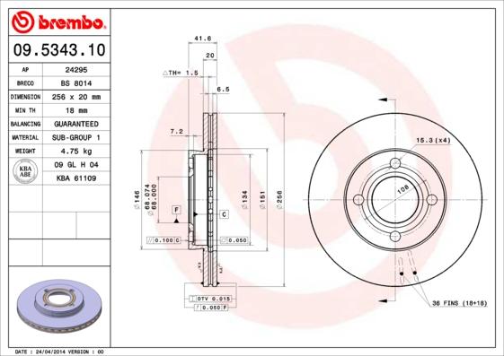 Brembo 09.5343.10 - Тормозной диск autosila-amz.com