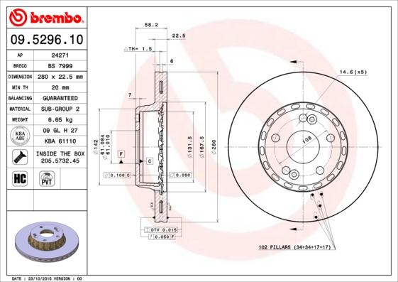 Brembo 09.5296.10 - Тормозной диск autosila-amz.com