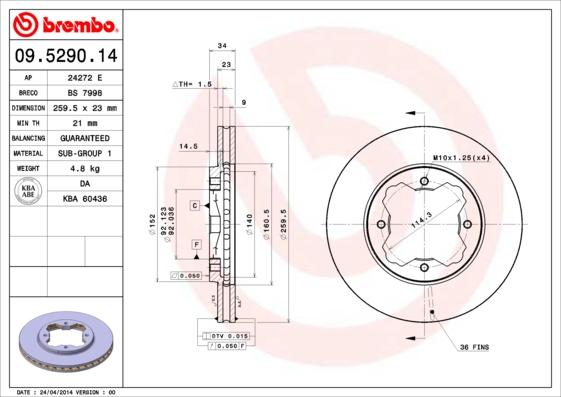 Brembo 09.5290.14 - Тормозной диск autosila-amz.com