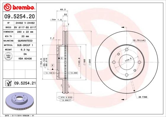 Brembo 09.5254.20 - Тормозной диск autosila-amz.com