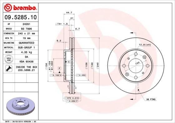 Brembo 09.5285.10 - Тормозной диск autosila-amz.com