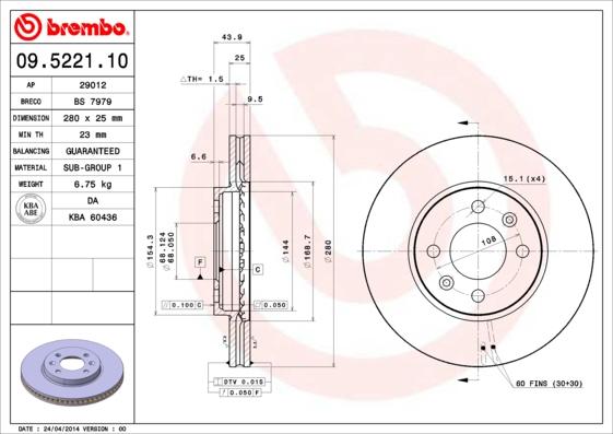 Brembo 09.5221.10 - Тормозной диск autosila-amz.com