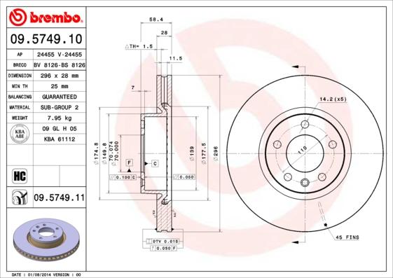 Brembo 09.5749.10 - Тормозной диск autosila-amz.com