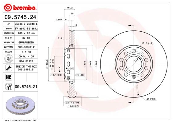Brembo 09.5745.24 - Тормозной диск autosila-amz.com