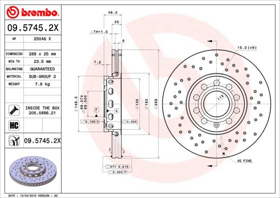 Brembo 09.5745.2X - Тормозной диск autosila-amz.com