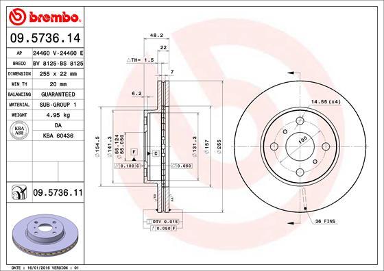 Brembo 09.5736.14 - Диск тормозной (Спереди) Toyota Corolla (E120) 00-07 / Corolla Fielder (E120) 00-06 / Corolla JPN (E autosila-amz.com