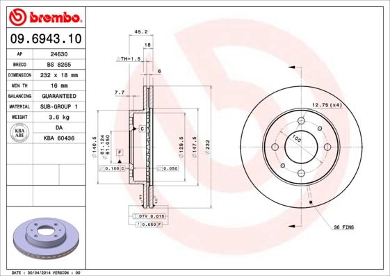 Brembo 09.6943.10 - Тормозной диск autosila-amz.com