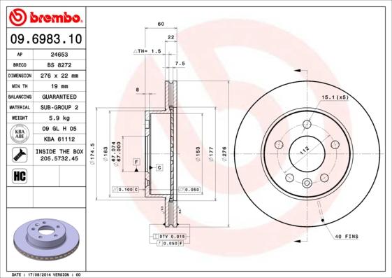 Brembo 09.6983.10 - Тормозной диск autosila-amz.com