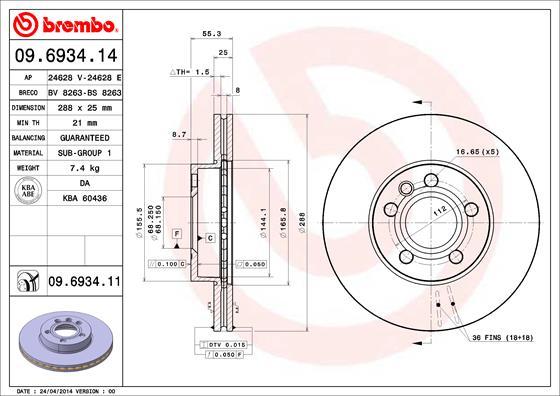 Brembo 09.6934.11 - Тормозной диск autosila-amz.com